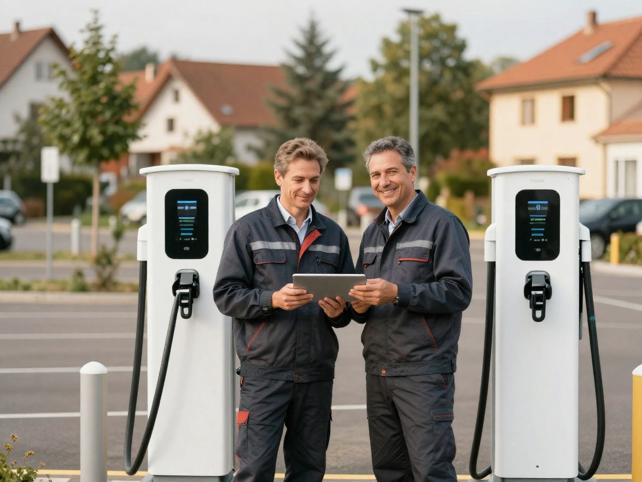 dreivion Team bei der Installation einer AC-Ladestation auf einem Gewerbeparkplatz in Dreieich